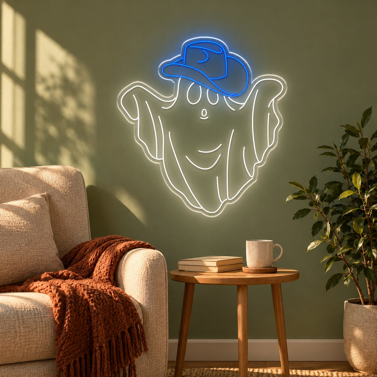 Smiling Ghost with Cowboy Hat LED Neon Sign - lifestyle view