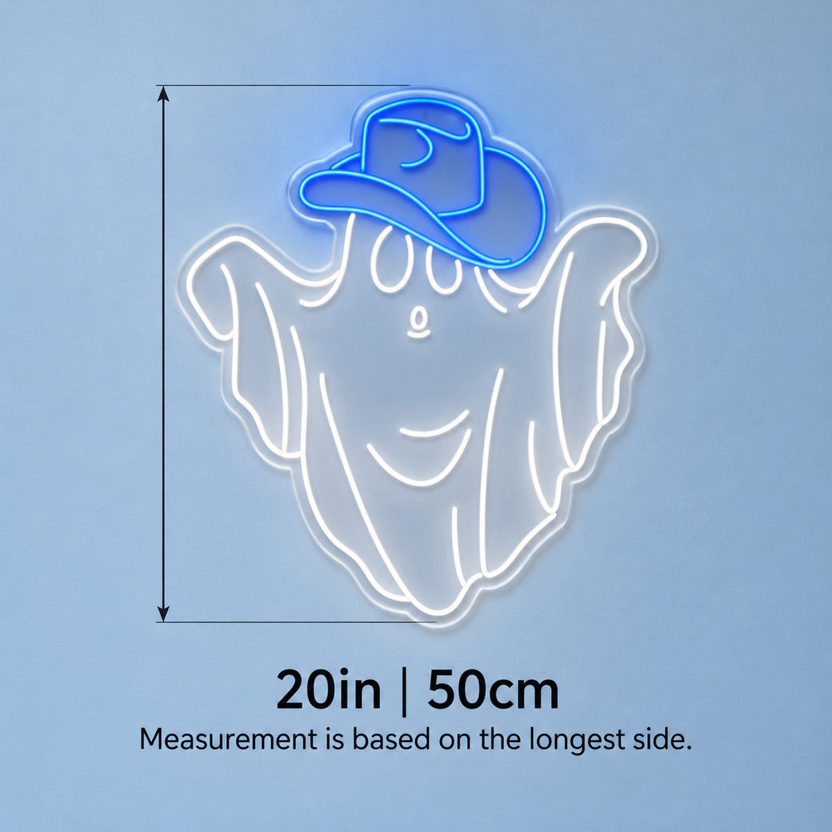 Smiling Ghost with Cowboy Hat LED Neon Sign - size guide