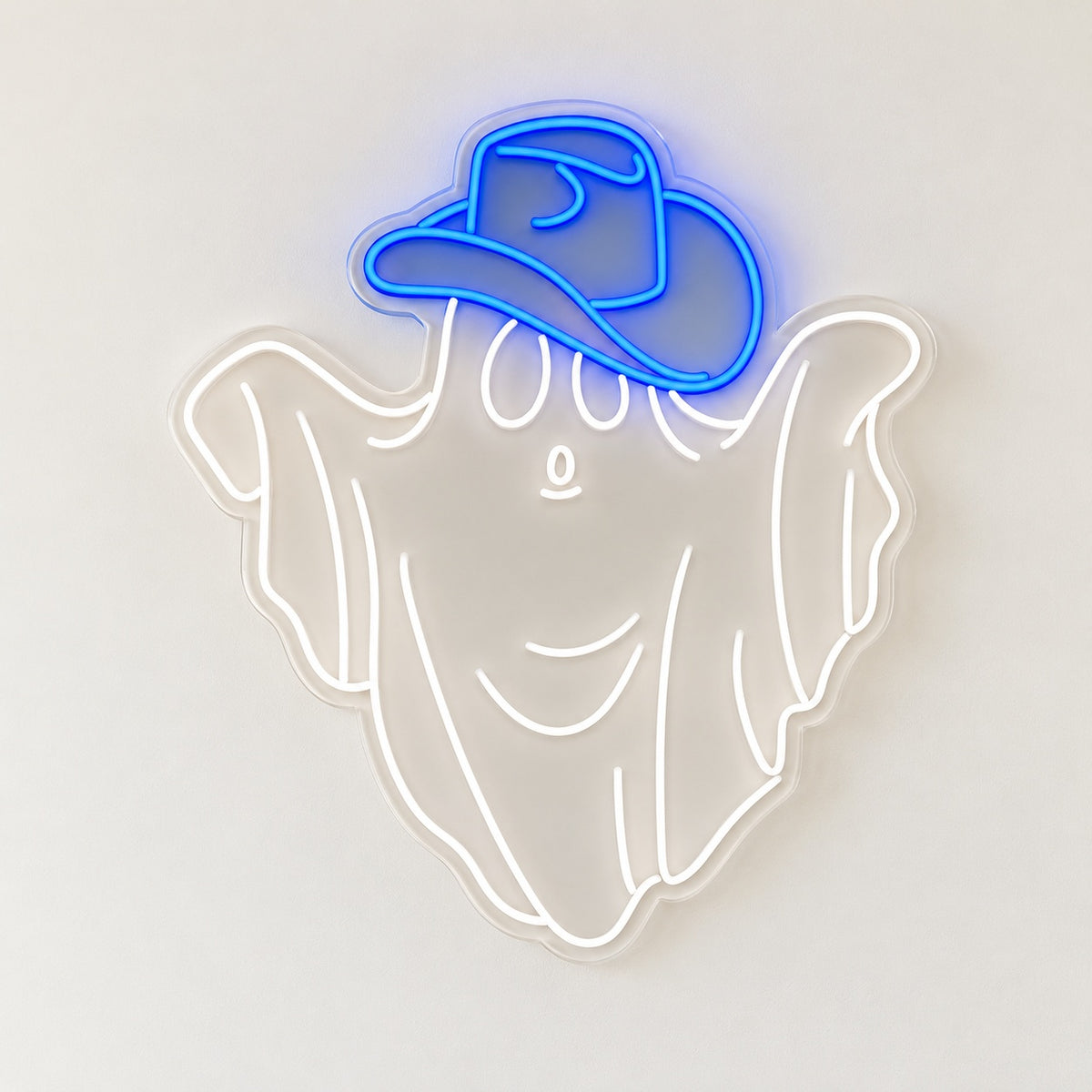 Smiling Ghost with Cowboy Hat LED Neon Sign - natural light view
