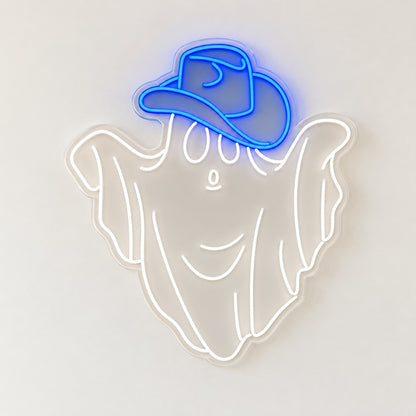Smiling Ghost with Cowboy Hat LED Neon Sign - natural light view