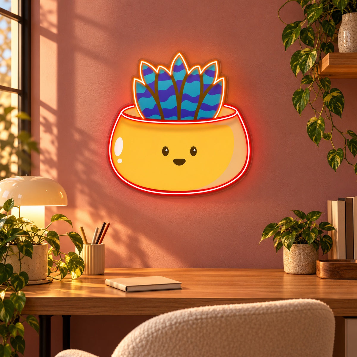 Smiling Snake Plant Pot LED Neon Sign - advertising view