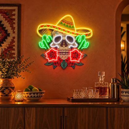 Sombrero Sugar Skull Cacti Roses LED Neon Sign - advertising view