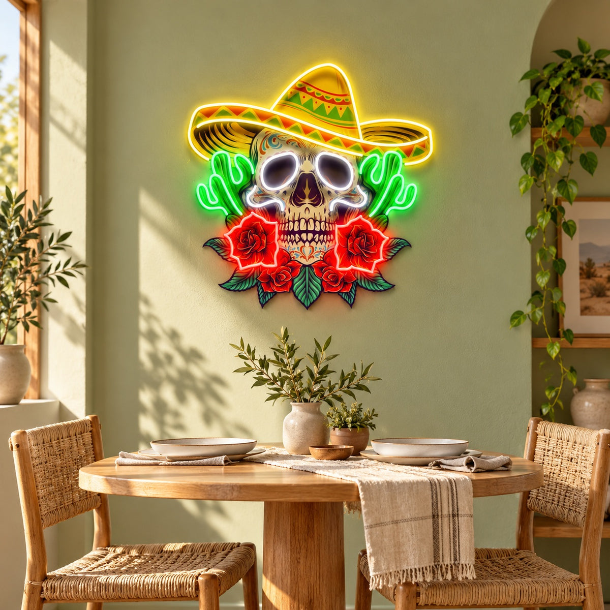 Sombrero Sugar Skull Cacti Roses LED Neon Sign - lifestyle view