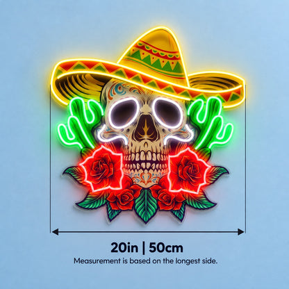 Sombrero Sugar Skull Cacti Roses LED Neon Sign - size guide