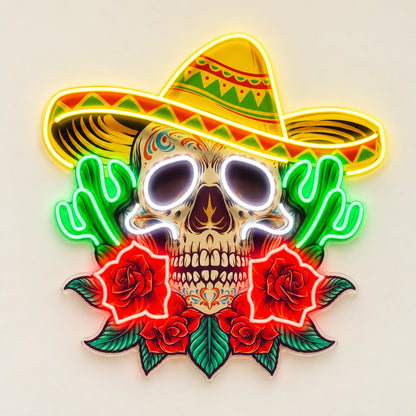 Sombrero Sugar Skull Cacti Roses LED Neon Sign - natural light view