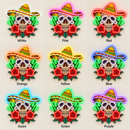 Sombrero Sugar Skull Cacti Roses LED Neon Sign - nine-color grid