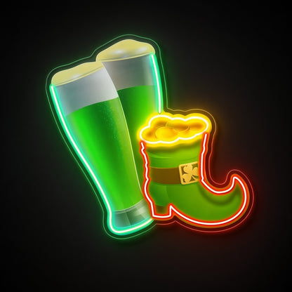 St Patrick's Beer & Leprechaun Boot LED Neon Sign - product hero