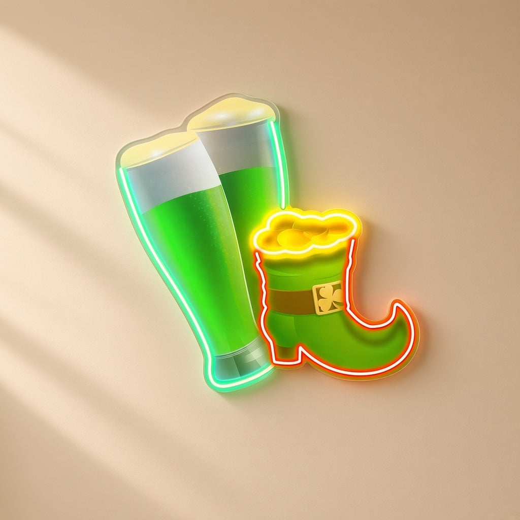 St Patrick's Beer & Leprechaun Boot LED Neon Sign - natural light view