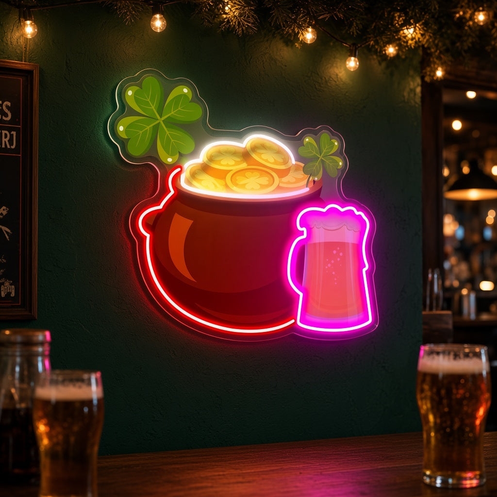 St Patrick's Pot Of & Beer Mug LED Neon Sign - advertising view