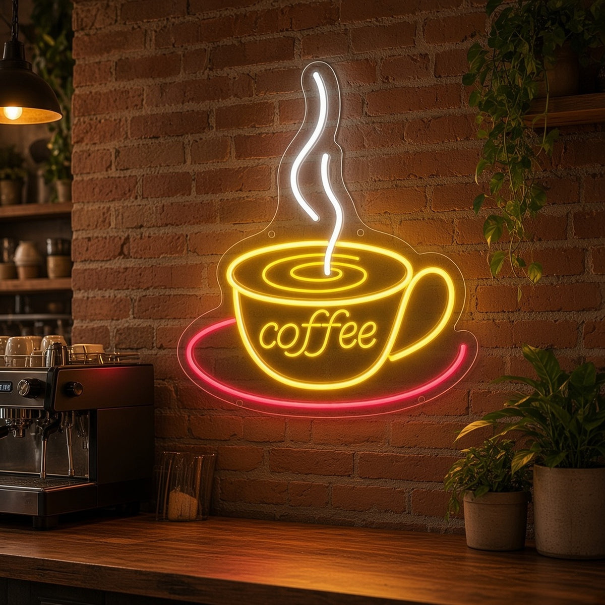 Steaming Coffee Cup and Saucer Multicolor Cafe Decor LED Neon Sign - advertising view