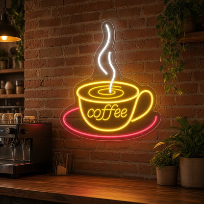 Steaming Coffee Cup and Saucer Multicolor Cafe Decor LED Neon Sign - advertising view