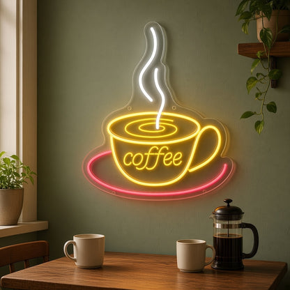 Steaming Coffee Cup and Saucer Multicolor Cafe Decor LED Neon Sign - lifestyle view