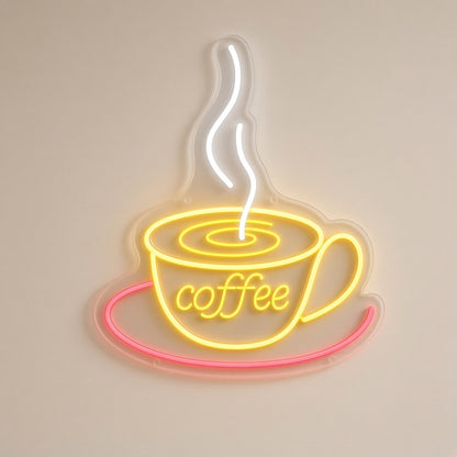 Steaming Coffee Cup and Saucer Multicolor Cafe Decor LED Neon Sign - natural light view