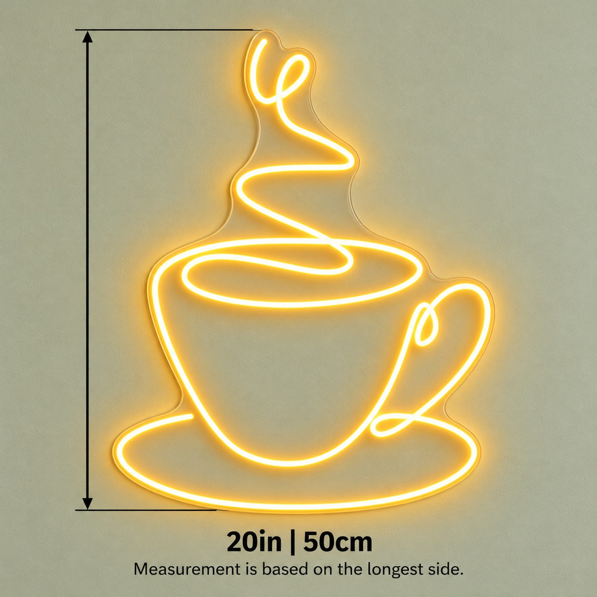 Steaming Coffee Cup LED Neon Sign - size guide