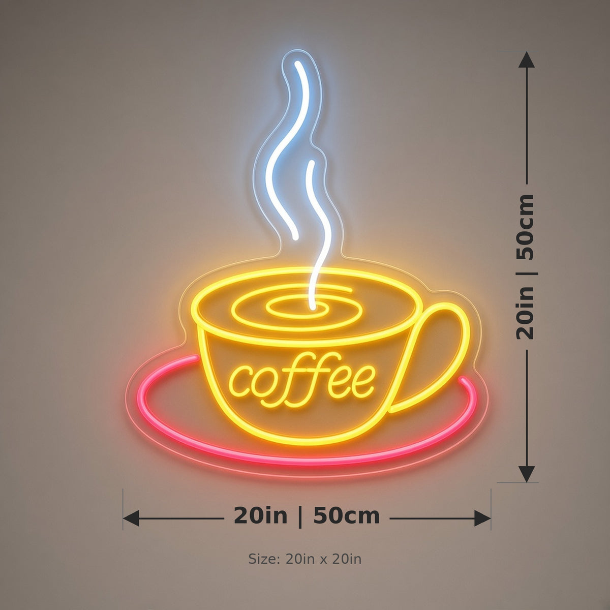 Steaming Coffee Cup Saucer for Cafe Kitchen Wall LED Neon Sign - size guide