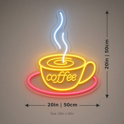 Steaming Coffee Cup Saucer for Cafe Kitchen Wall LED Neon Sign - size guide