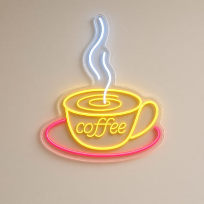 Steaming Coffee Cup Saucer for Cafe Kitchen Wall LED Neon Sign - natural light view