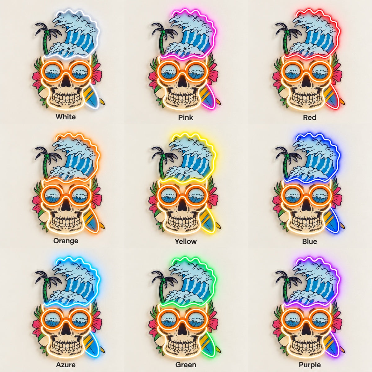 Surfing Skull Wave LED Neon Sign - nine-color grid