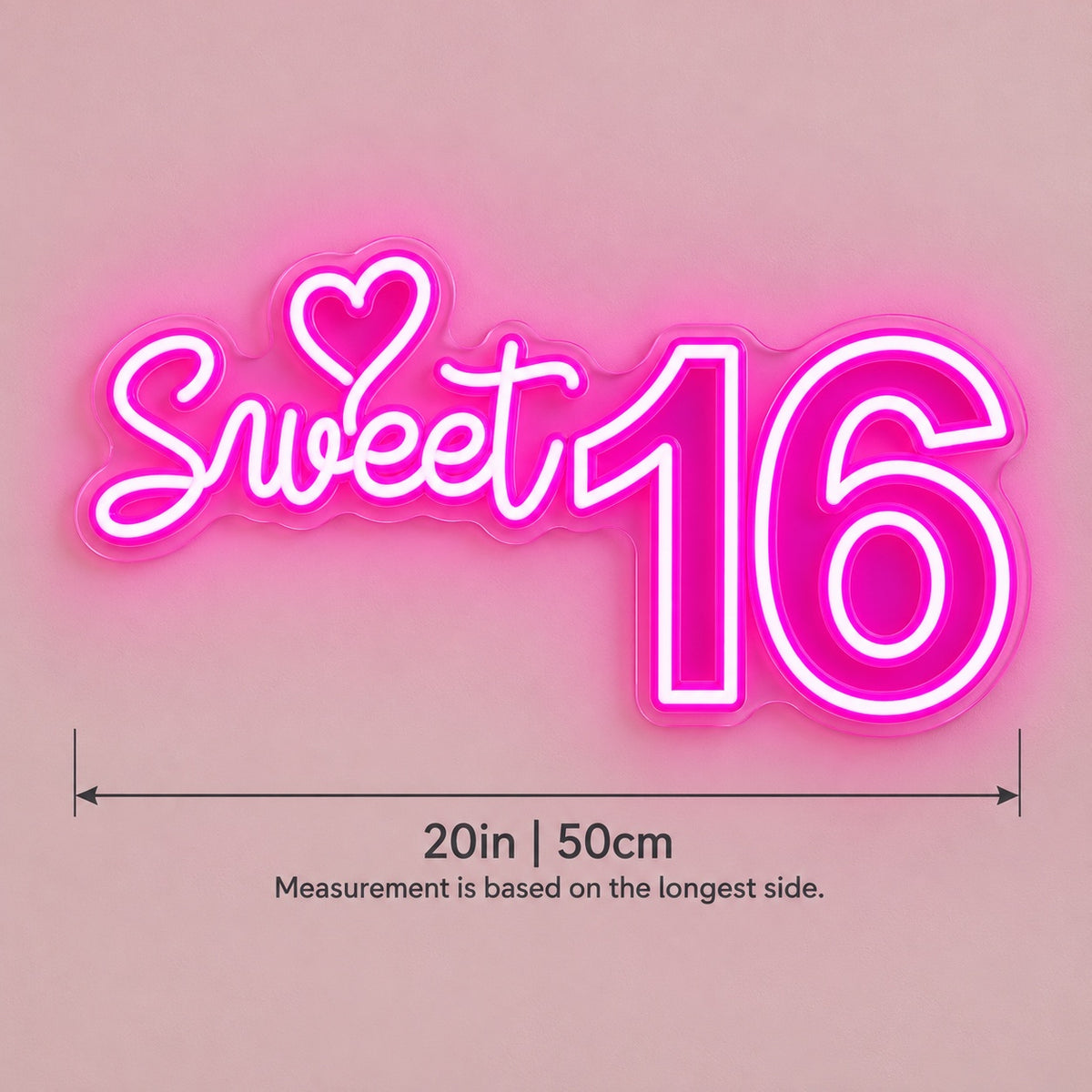 Sweet 16 Heart LED Neon Sign - size guide