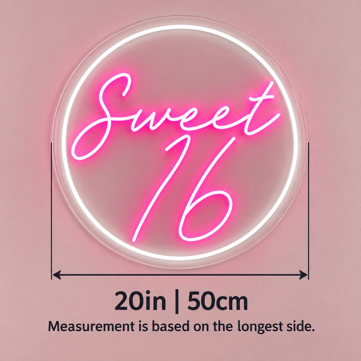 Sweet 16 LED Neon Sign - size guide