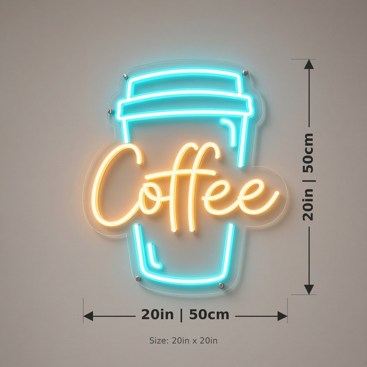 Takeaway Coffee Cup Cup Warm for Cafe Bar LED Neon Sign - size guide