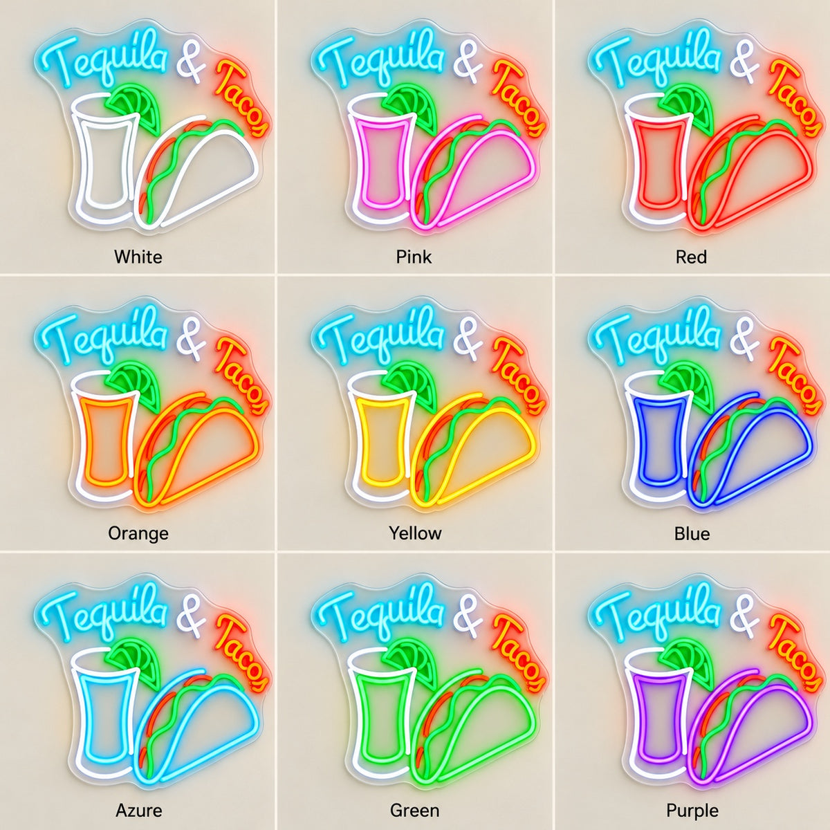 Tequila & Tacos LED Neon Sign - nine-color grid