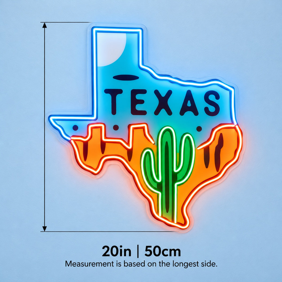 Texas Map Desert Cactus LED Neon Sign - size guide