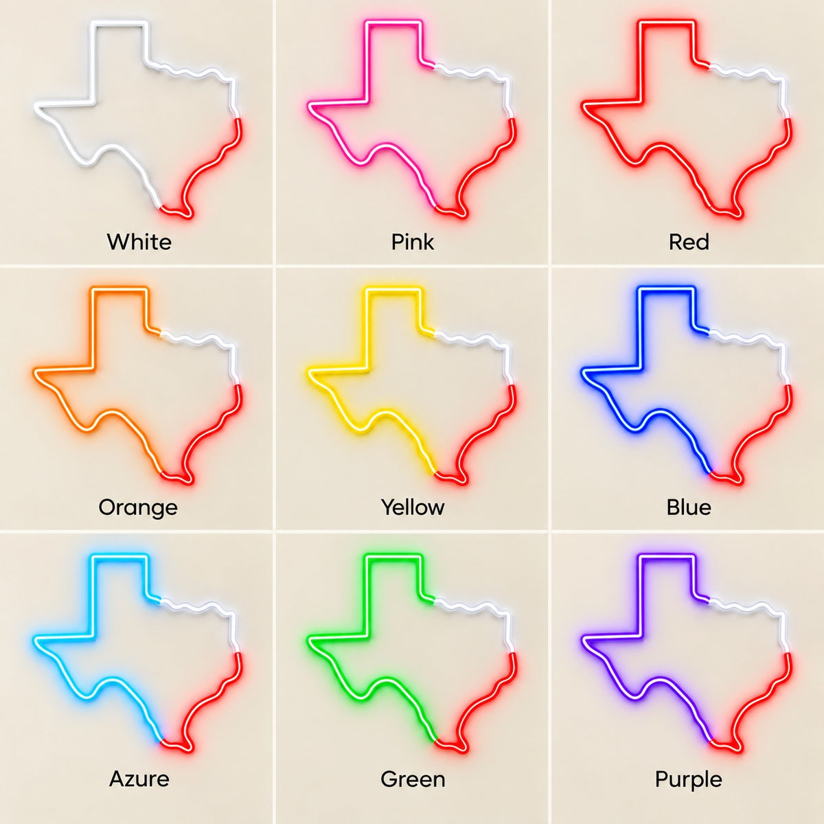 Texas Tricolor Outline LED Neon Sign - nine-color grid