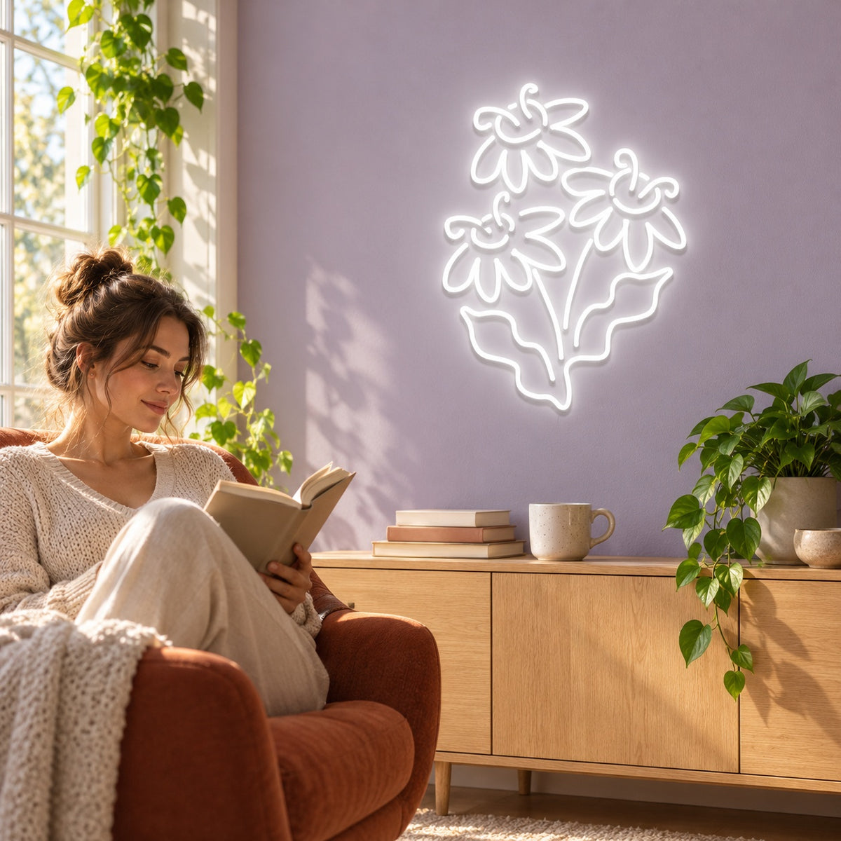 Three Daisy Flowers LED Neon Sign - lifestyle view