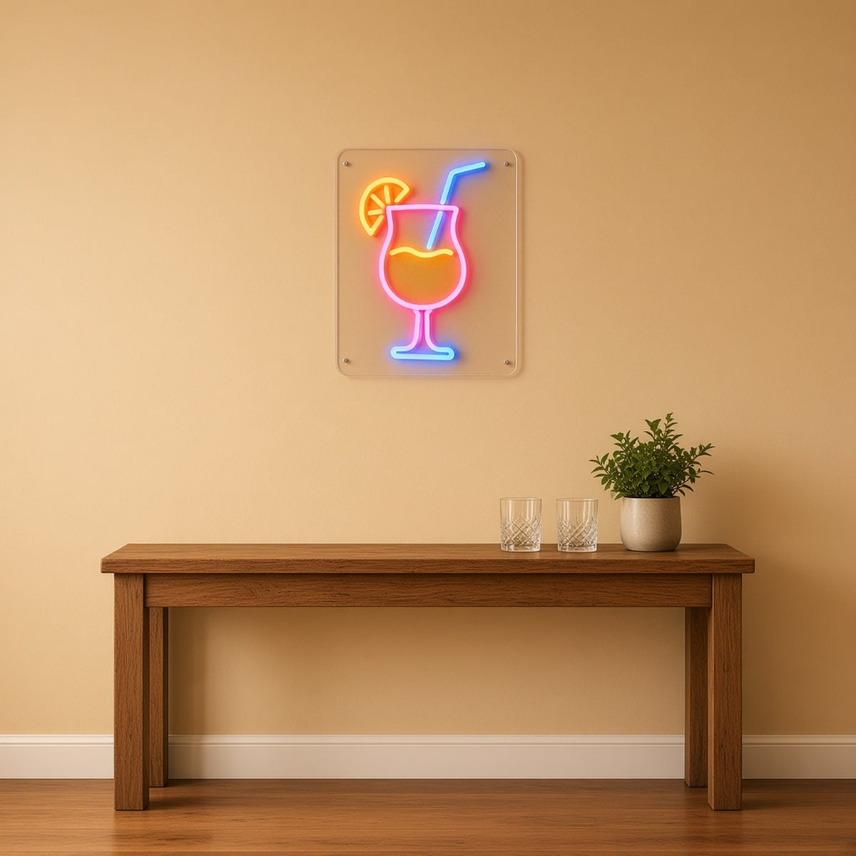 Tropical Cocktail Glass Lemon Straw on Clear Panel LED Neon Sign - lifestyle view