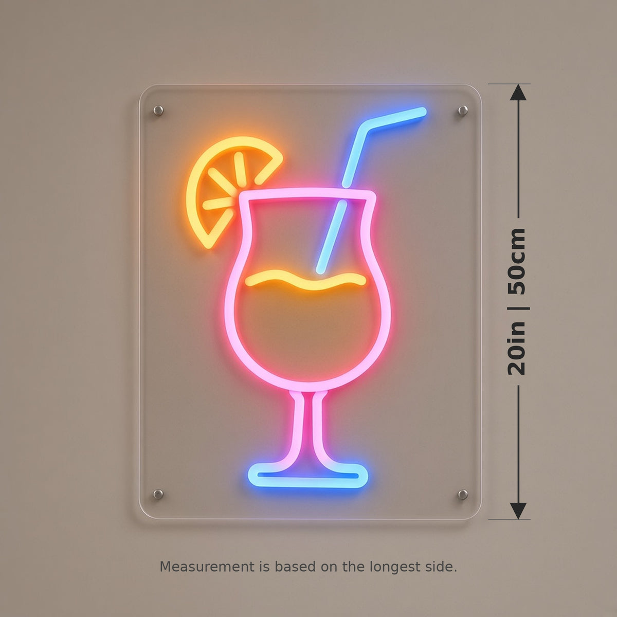 Tropical Cocktail Glass Lemon Straw on Clear Panel LED Neon Sign - size guide