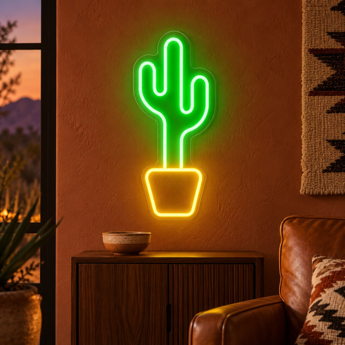 Twin Arm Cactus in Golden Pot LED Neon Sign - advertising view