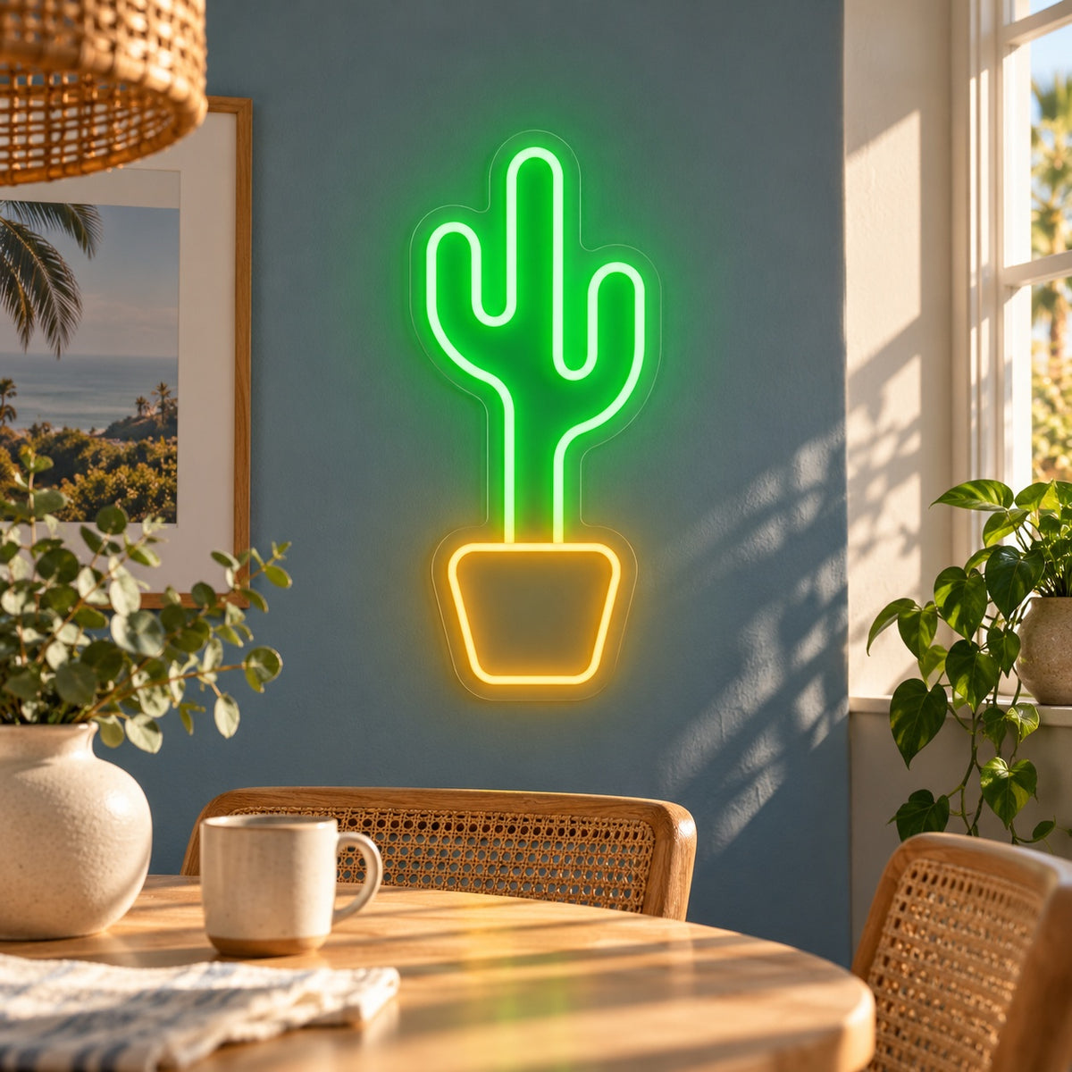 Twin Arm Cactus in Golden Pot LED Neon Sign - lifestyle view