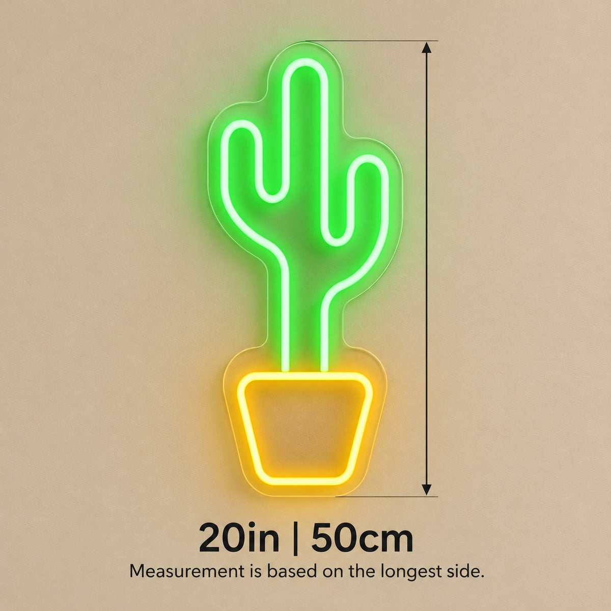 Twin Arm Cactus in Golden Pot LED Neon Sign - size guide