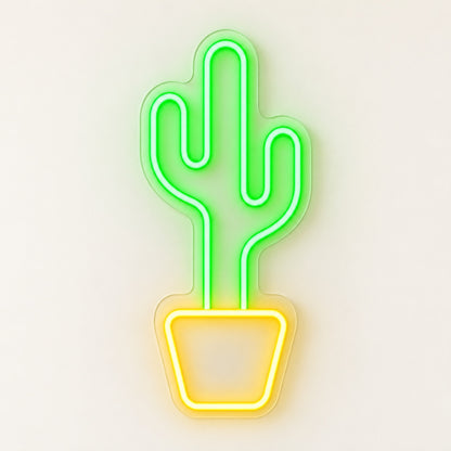 Twin Arm Cactus in Golden Pot LED Neon Sign - natural light view