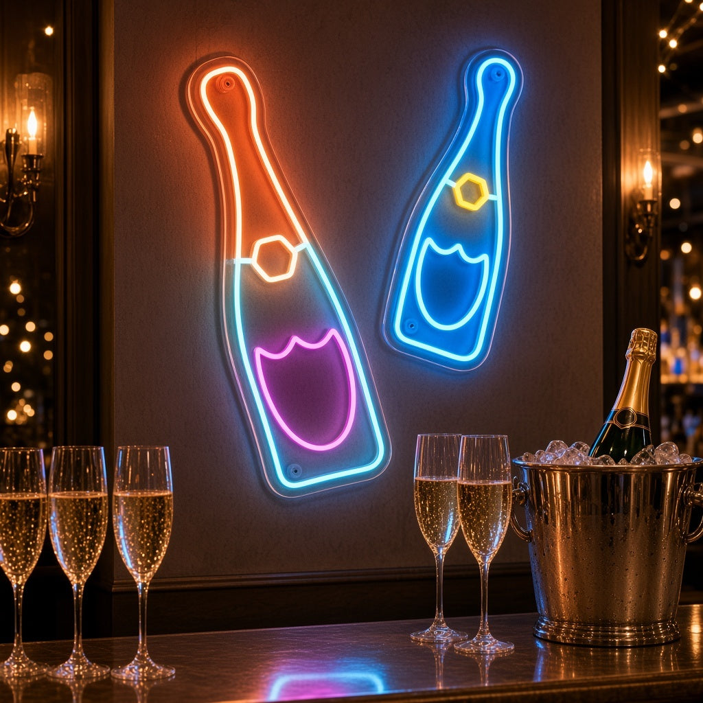 Twin Champagne Bottles LED Neon Sign - advertising view