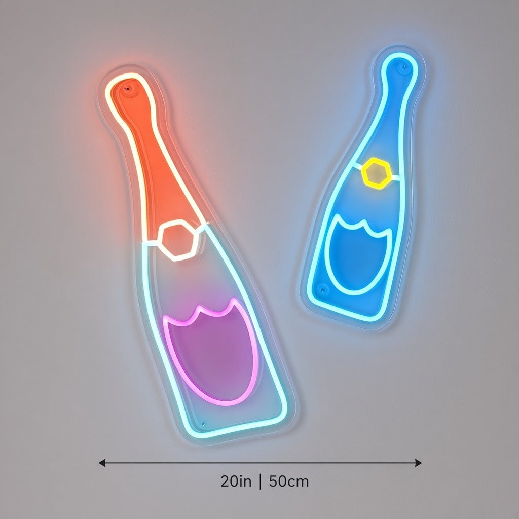 Twin Champagne Bottles LED Neon Sign - size guide