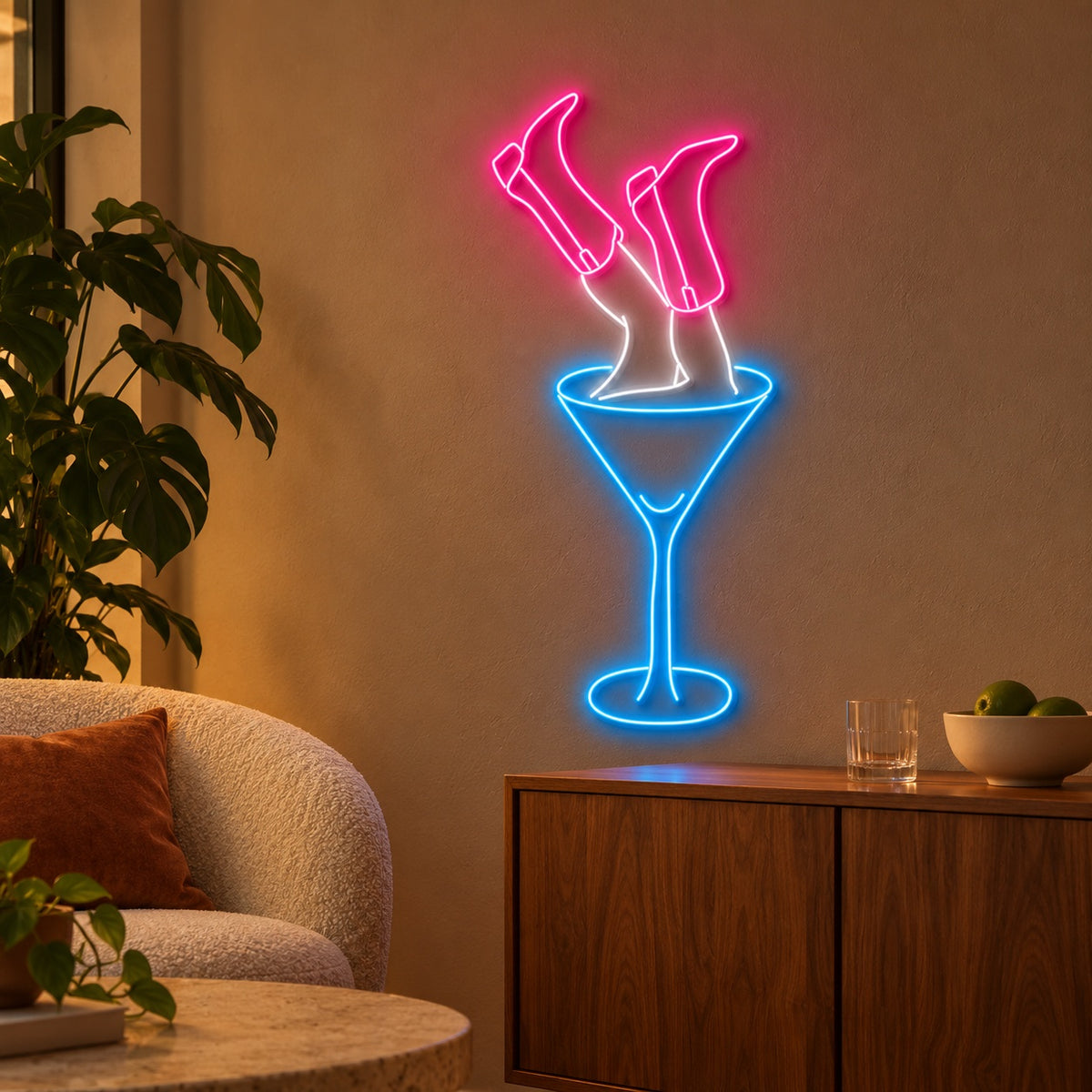 Upside Down Cowgirl Boots in Martini Glass LED Neon Sign - advertising view
