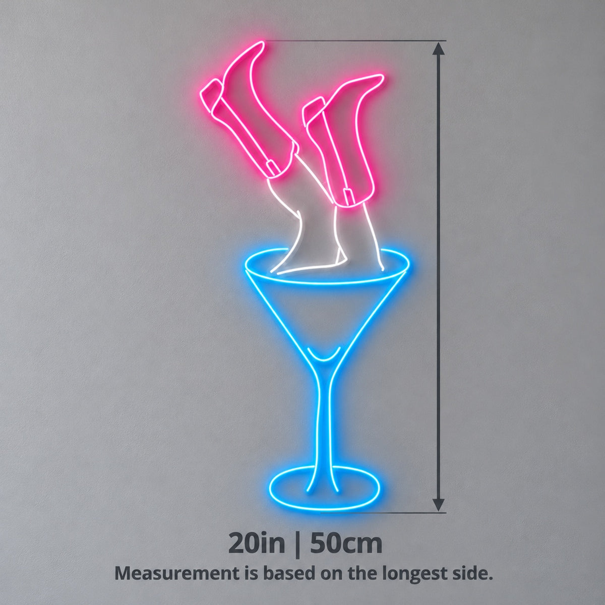 Upside Down Cowgirl Boots in Martini Glass LED Neon Sign - size guide