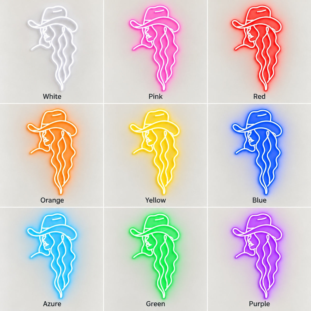 Cowgirl Silhouette LED Neon Sign - nine-color grid