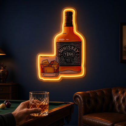 Whiskey Bottle and Glass UV Printed Bar Wall Art LED Neon Sign - advertising view