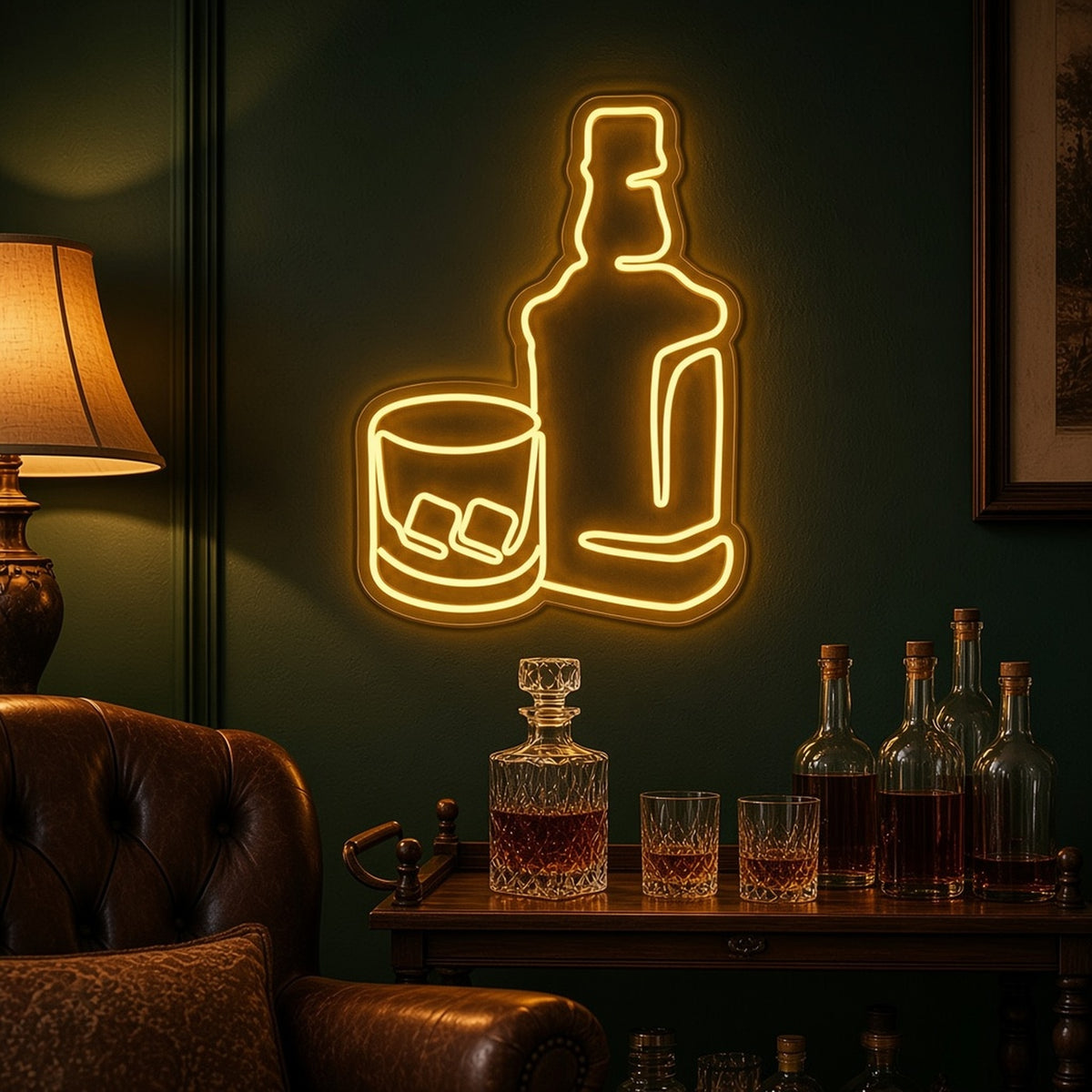 Whiskey Bottle and Glass Outline Home Bar Decor LED Neon Sign - advertising view