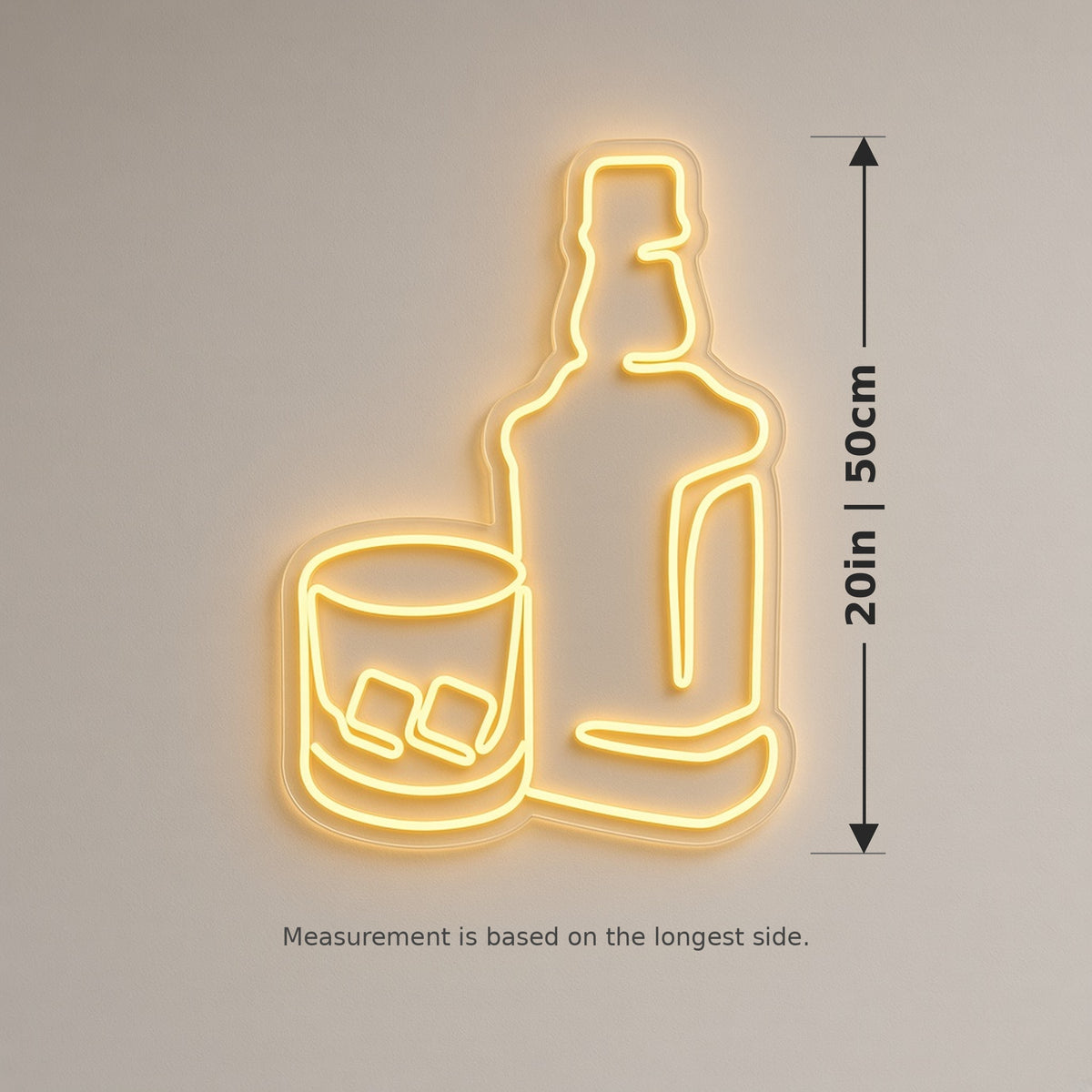 Whiskey Bottle and Glass Outline Home Bar Decor LED Neon Sign - size guide