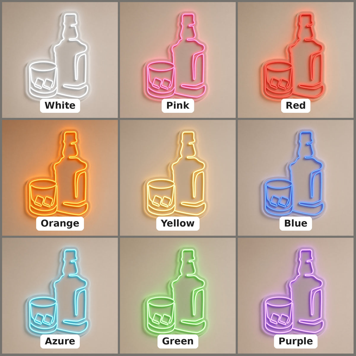 Whiskey Bottle and Glass Outline Home Bar Decor LED Neon Sign - nine-color grid