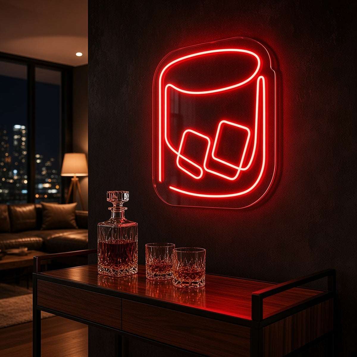 Whiskey Glass with Ice Home Bar Decor LED Neon Sign - advertising view