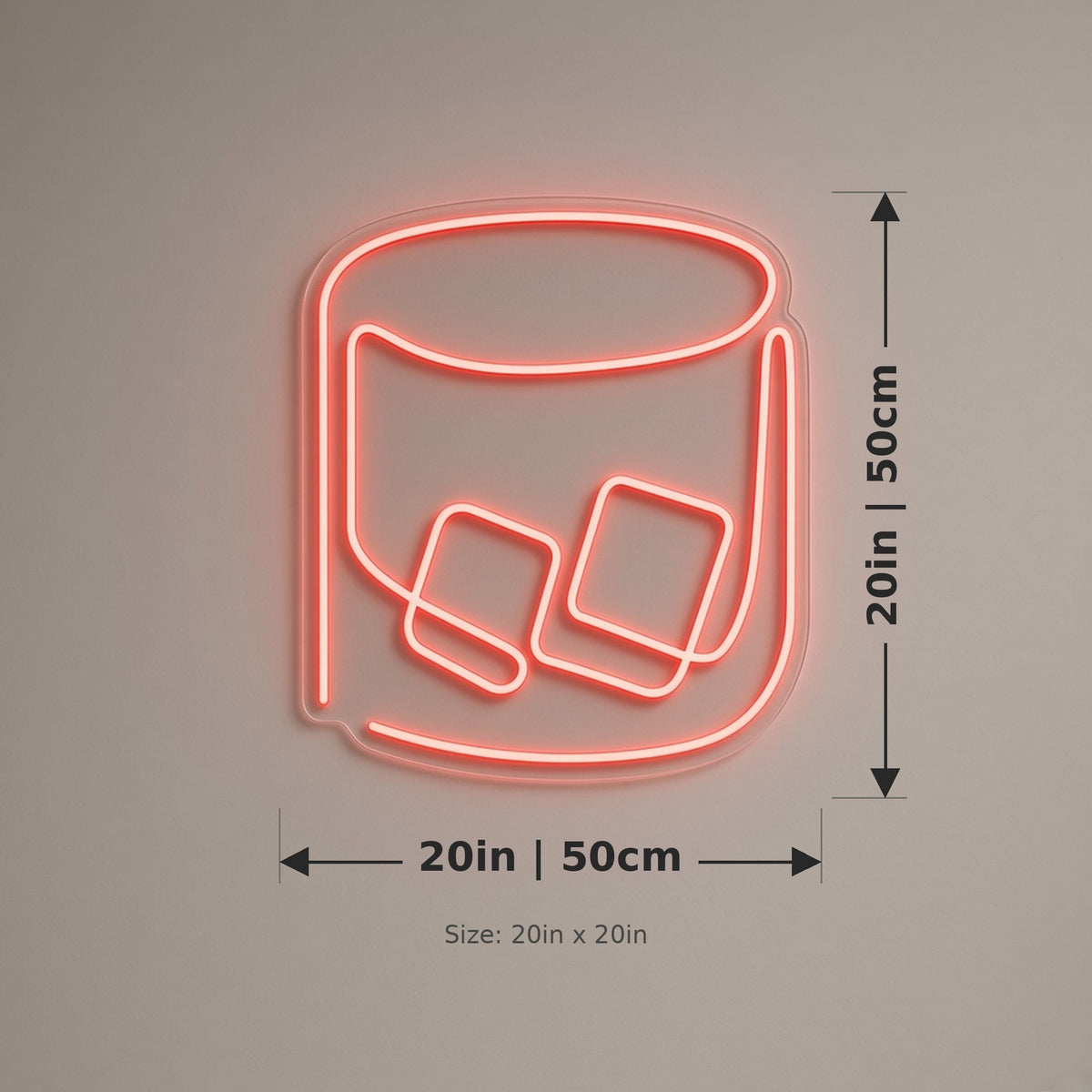 Whiskey Glass with Ice Home Bar Decor LED Neon Sign - size guide