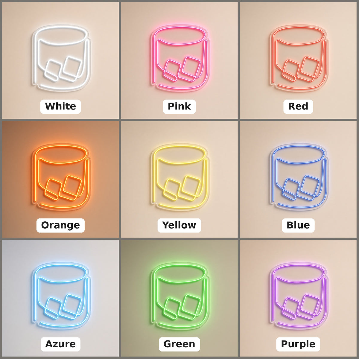 Whiskey Glass with Ice Home Bar Decor LED Neon Sign - nine-color grid
