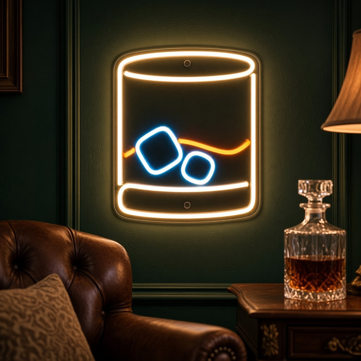 Whiskey on the Rocks Man Cave Bar Wall Decor LED Neon Sign - advertising view