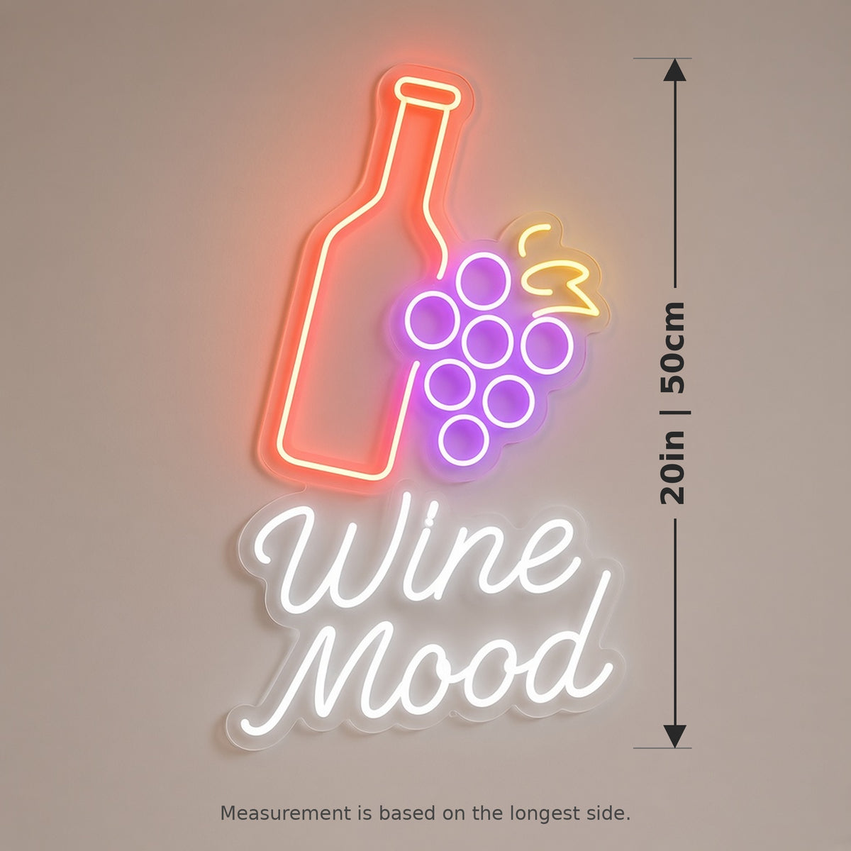 Wine Mood Bottle Grapes for Wine Bar LED Neon Sign - size guide