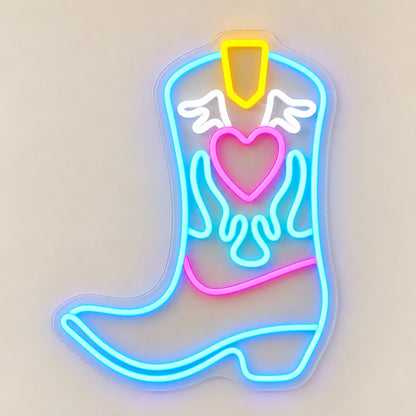 Winged Heart Cowboy Boot LED Neon Sign - natural light view